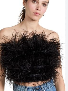 Millie Ostrich Feather Trim Black Strapless Crop Top